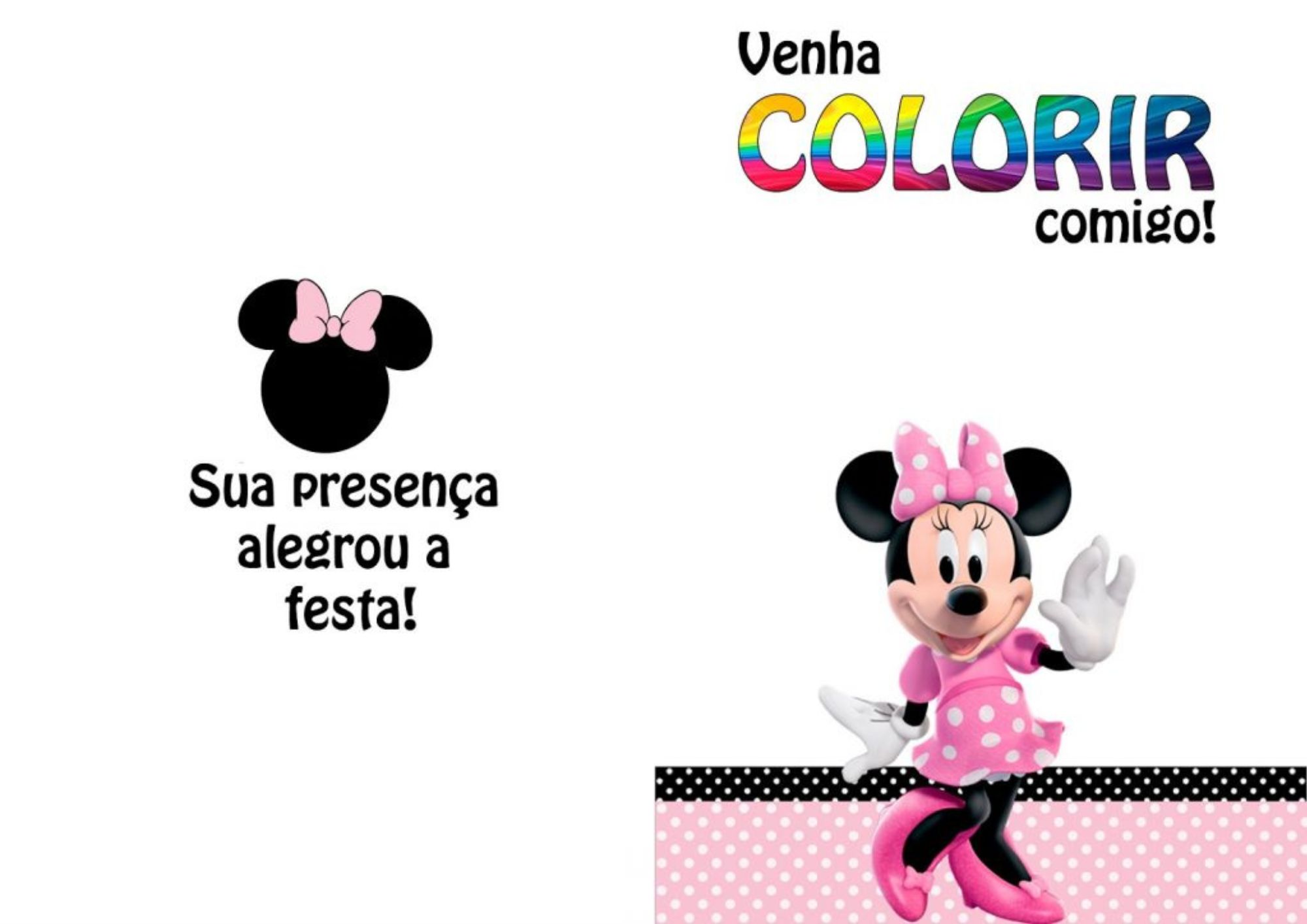 Capa do livro de colorir da Minnie com vestido rosa e mensagem de agradecimento