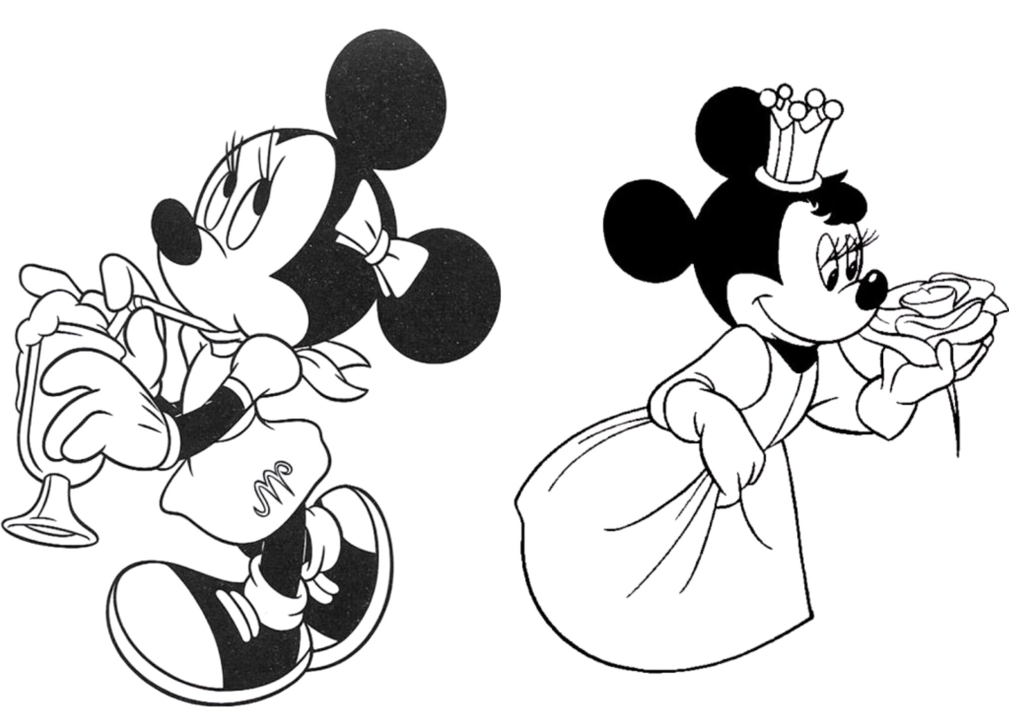 Desenhos da Minnie para colorir – Minnie tomando suco e Minnie princesa com rosa
