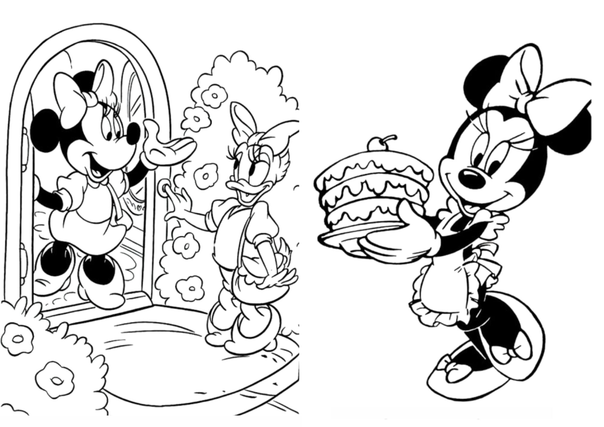 Desenhos da Minnie para colorir – Minnie recebendo Margarida na porta e Minnie segurando um bolo com cobertura