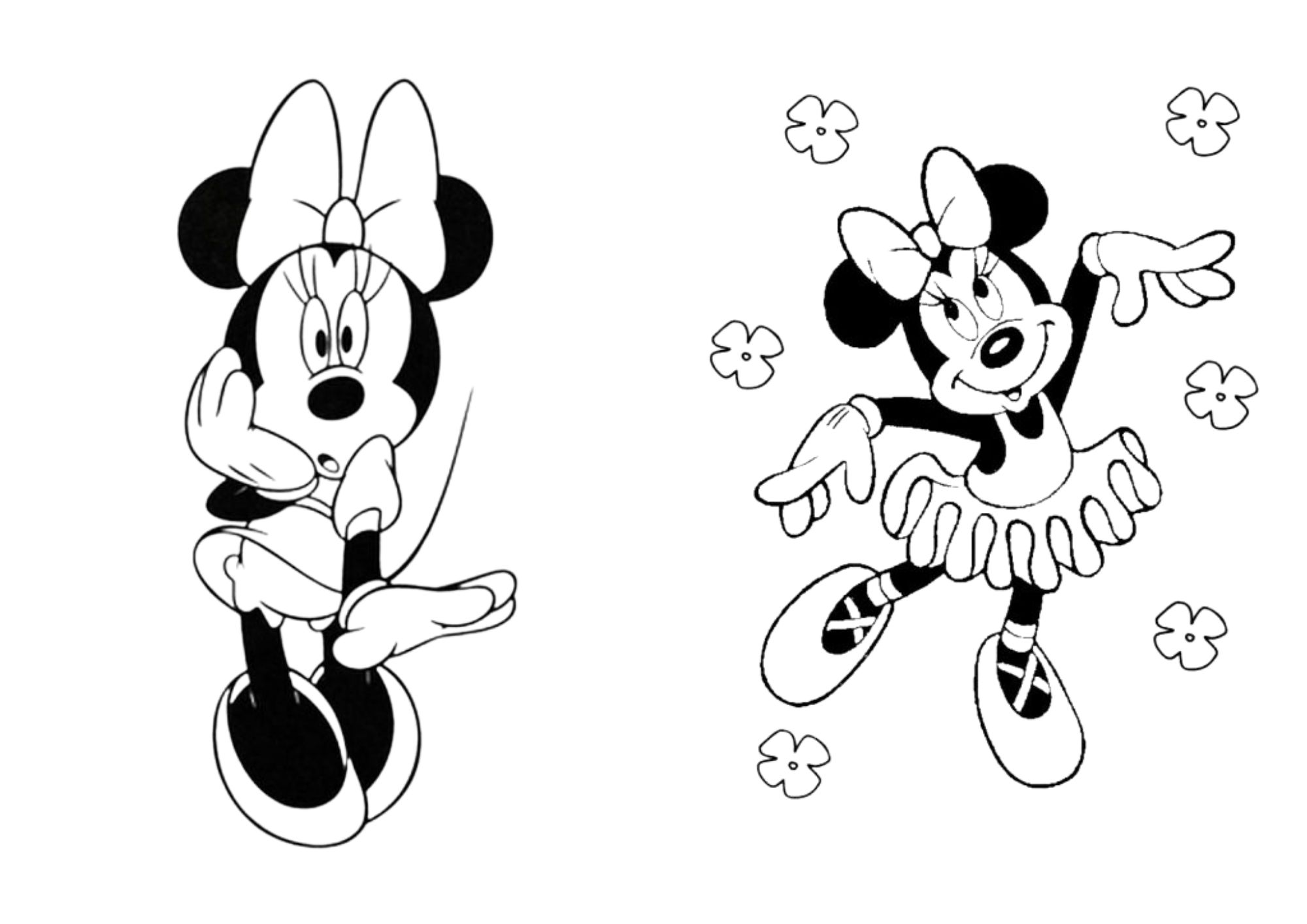 Desenhos da Minnie para colorir – Minnie surpresa e Minnie bailarina cercada de flores