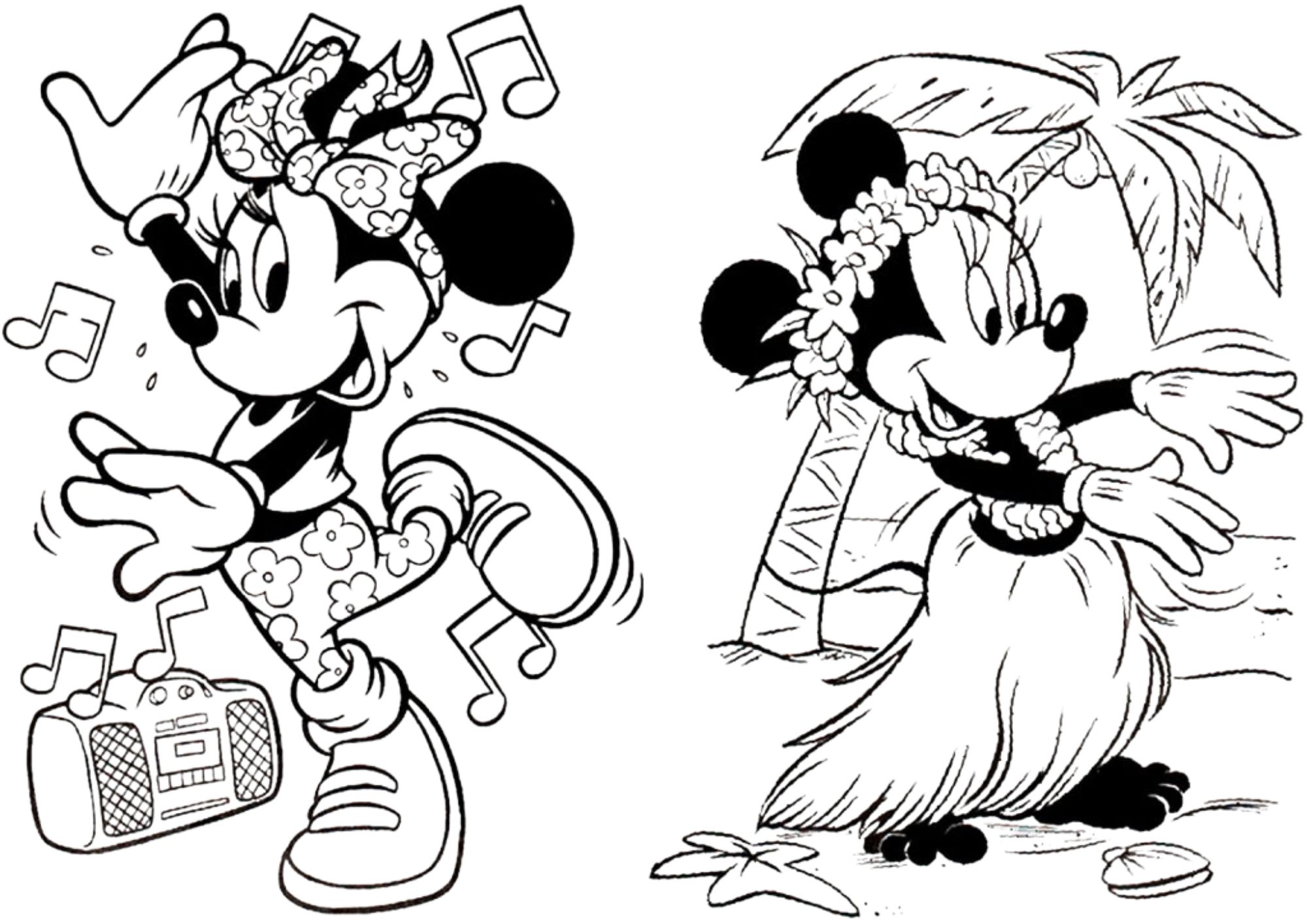 Desenhos da Minnie para colorir – Minnie dançando com rádio e Minnie com saia havaiana sob coqueiro