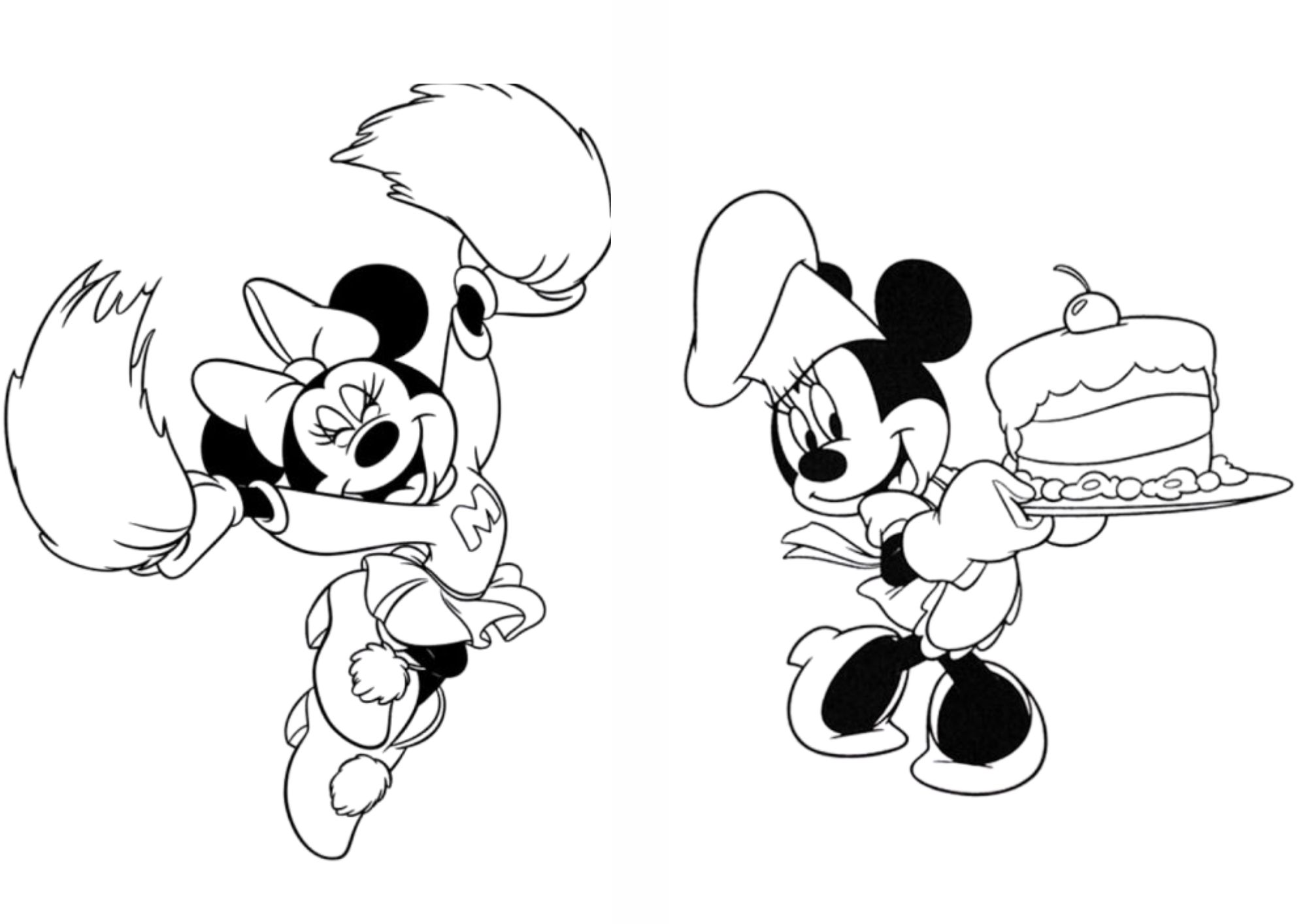 Desenhos da Minnie para colorir – Minnie líder de torcida com pompons e Minnie confeiteira segurando um bolo