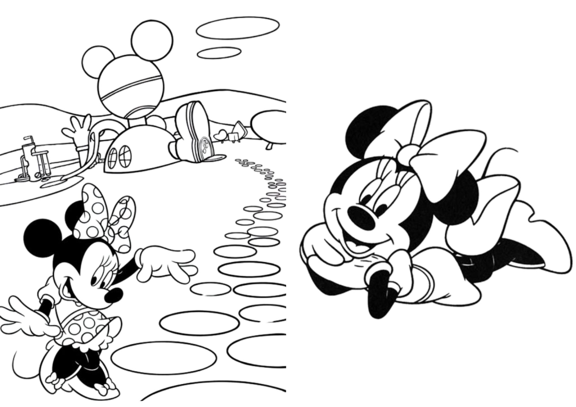 Desenhos da Minnie para colorir – Minnie caminhando em trilha da Casa do Mickey e Minnie deitada sorrindo
