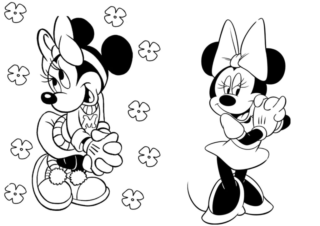 Desenhos da Minnie para colorir – Minnie com roupa de inverno e Minnie com as mãos cruzadas sorrindo