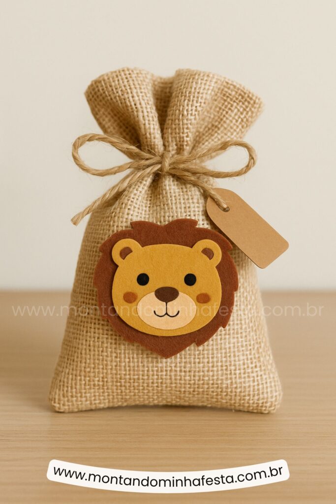 Lembrancinha artesanal com saquinho de juta e leão em feltro. Ótima ideia para festa Safari com toque rústico, fácil de personalizar.