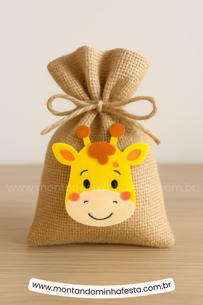 Lembrancinha em juta com aplique de girafa em EVA, ideal para festa Safari. Visual lúdico, simples e encantador para surpreender os convidados.