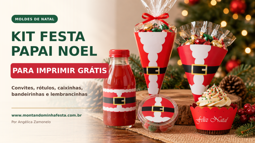 Kit Festa Papai Noel para imprimir grátis com rótulo de garrafa, cones de guloseimas, lembrancinha redonda e wrapper para cupcake em uma mesa natalina.