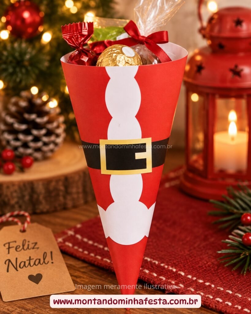 Cone Papai Noel de Natal para imprimir usado como lembrancinha com doces