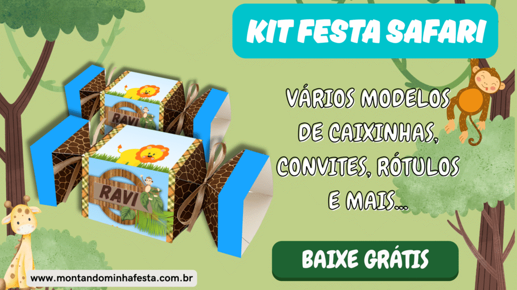Banner do kit festa safari grátis com caixinhas personalizadas, convite, rótulos e mais moldes para imprimir