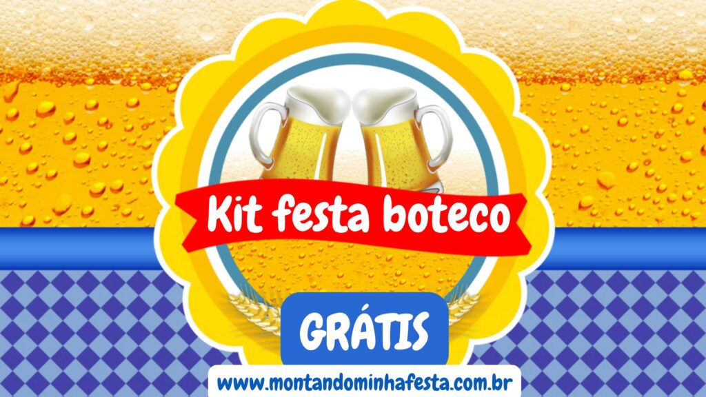 Banner com o texto "Kit festa boteco grátis", fundo de cerveja e detalhes em azul, ideal para divulgar arquivos digitais para imprimir em casa