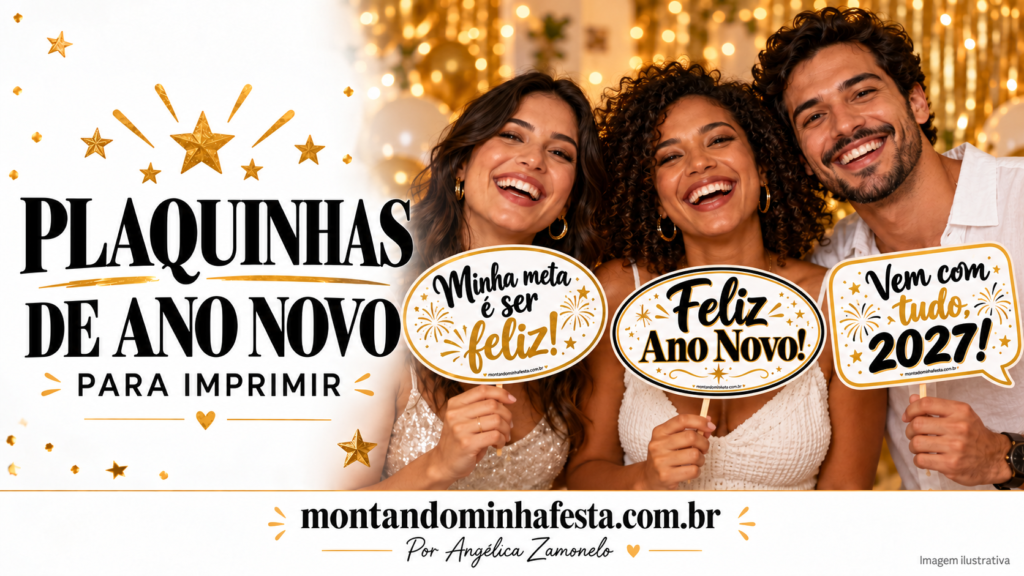 Três pessoas sorrindo e segurando plaquinhas de Ano Novo em preto e dourado com as frases “Minha meta é ser feliz!”, “Feliz Ano Novo!” e “Vem com tudo, 2027!”.