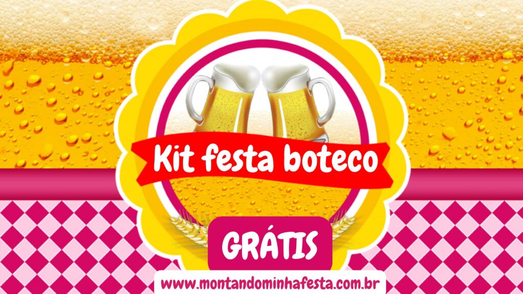 Banner com o texto "Kit festa boteco grátis" com fundo de cerveja e detalhes rosa, ideal para festas com tema boteco feminino