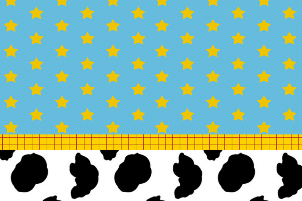 Background Toy Story para personalizados e convites. Fundo temático com céu de estrelas, padrão xadrez do Woody e estampa de vaca do colete. Papel digital gratuito para montagem de festa infantil.