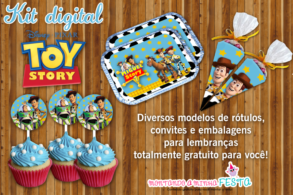 Kit digital festa Toy Story para imprimir grátis. Inclui moldes de rótulos, convites e embalagens personalizadas com personagens Buzz Lightyear, Woody e Jessie. Arte para festa infantil personalizada tema Toy Story do site Montando Minha Festa.
