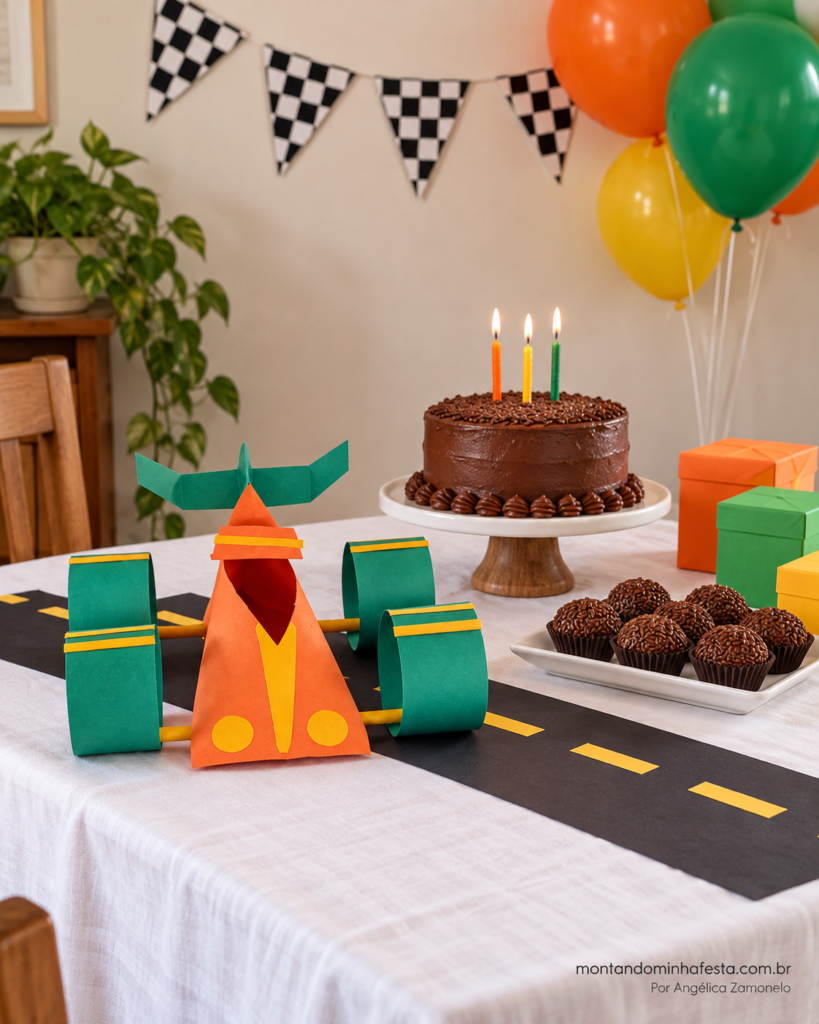 Mesa de festa em casa com carrinho de corrida de papel, bolo de chocolate, brigadeiros e decoração verde, laranja e amarela, do blog Montando Minha Festa.