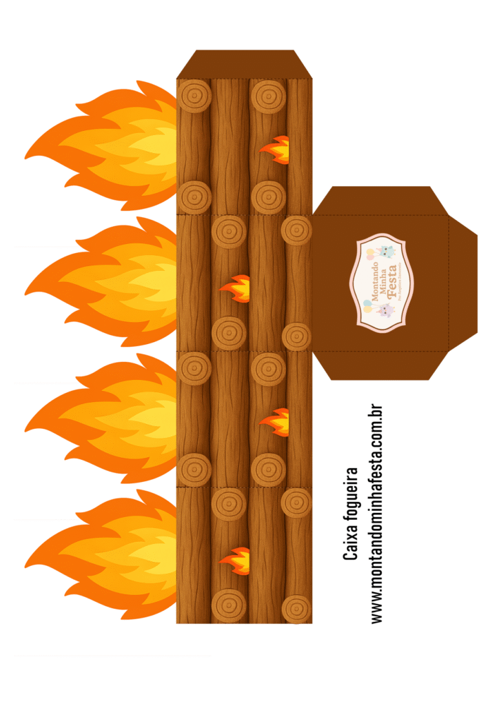 Molde de caixa fogueira para Festa Junina com 4 chamas laterais, design em madeira e rótulo com logo “Montando Minha Festa” – arquivo para imprimir grátis.