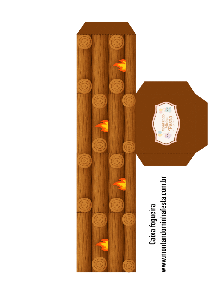 Molde de caixa fogueira para Festa Junina sem chamas externas, com estrutura de madeira e rótulo personalizado – ideal para lembrancinha junina e disponível para download gratuito no Montando Minha Festa.
