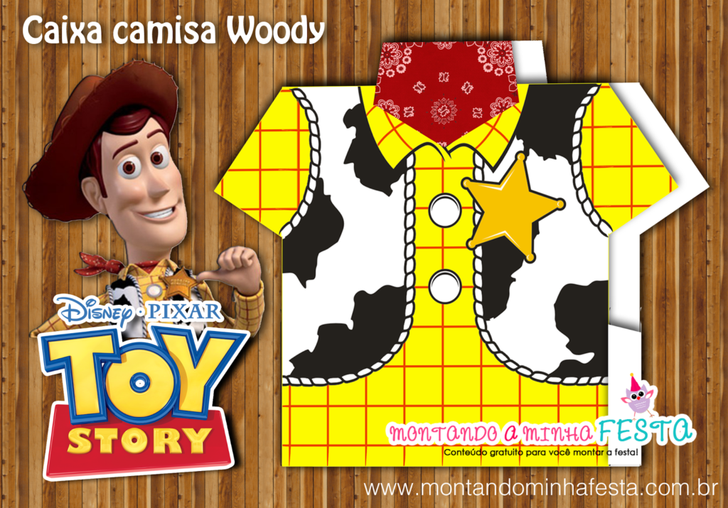 Molde gratuito para imprimir de caixa camisa temática Woody Toy Story. Design inclui colete de vaca, estrela de xerife e padrão xadrez amarelo. Arte para lembrancinha de festa infantil disponível no site Montando Minha Festa.