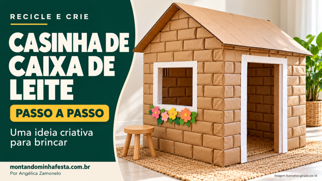 Casinha grande feita com caixas de leite revestidas de papel kraft, telhado de papelão e flores de papel, ao lado do título “Casinha de caixa de leite: passo a passo”