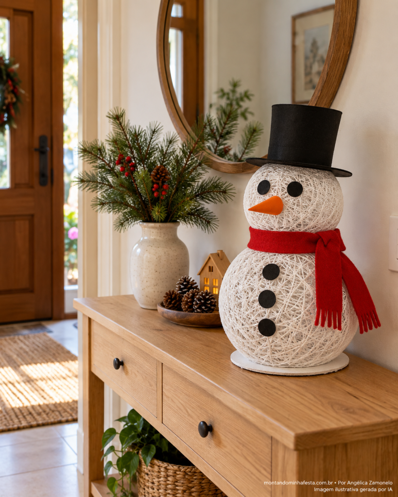 Boneco de neve de barbante com cartola preta e cachecol vermelho sobre um aparador, ao lado de um vaso com ramos natalinos e pinhas.