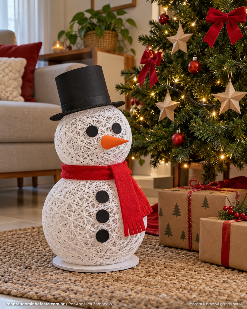 Boneco de neve de barbante sobre um tapete, ao lado da árvore de Natal decorada com laços vermelhos, estrelas e presentes.