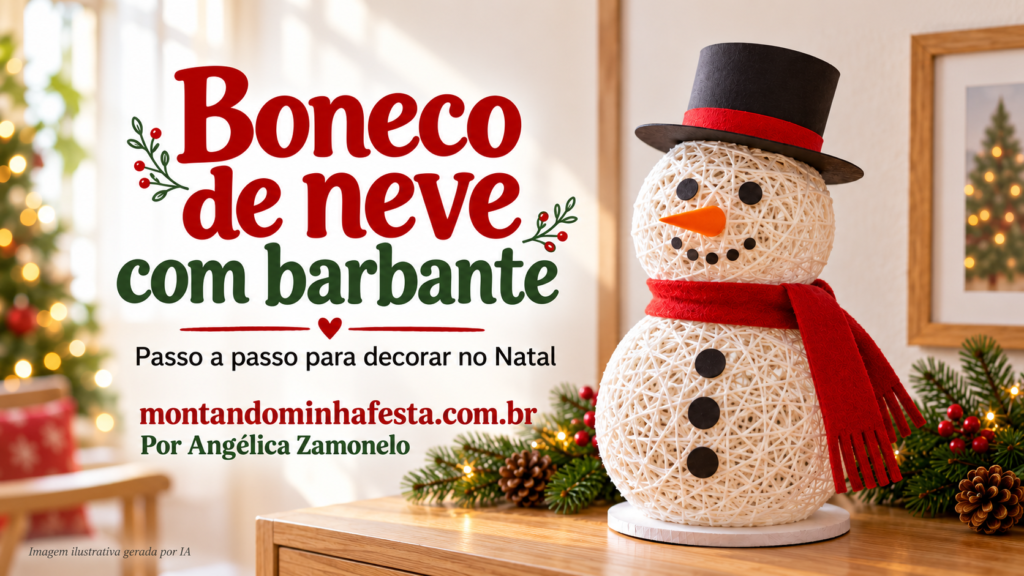 Boneco de neve de barbante branco com cartola preta e cachecol vermelho sobre um aparador decorado para o Natal.