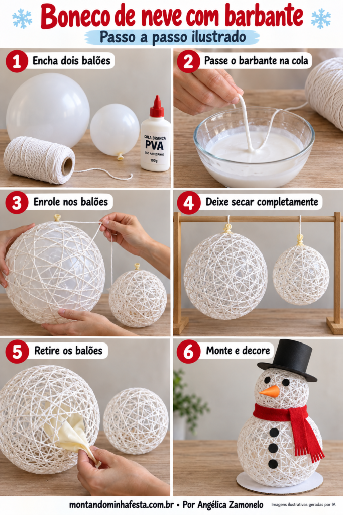Tutorial ilustrado de boneco de neve com barbante, mostrando o preparo dos balões, aplicação de cola, secagem e decoração.