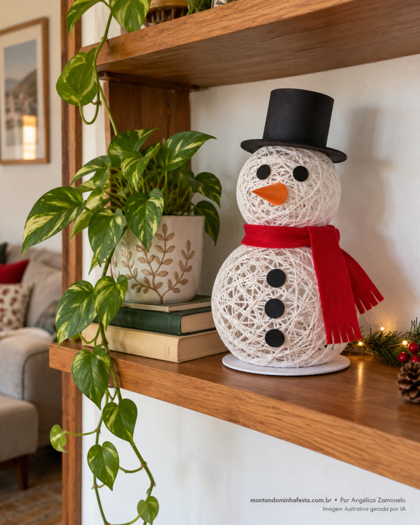 Boneco de neve de barbante decorando uma prateleira de madeira, ao lado de livros, uma planta e pequenos enfeites de Natal.