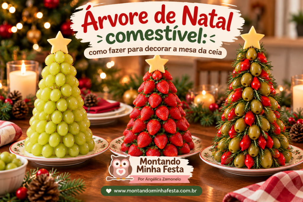 Três árvores de Natal comestíveis feitas com uvas verdes, morangos e azeitonas com pimenta biquinho e alecrim, decoradas com estrelas de queijo e apresentadas em uma mesa de ceia natalina.