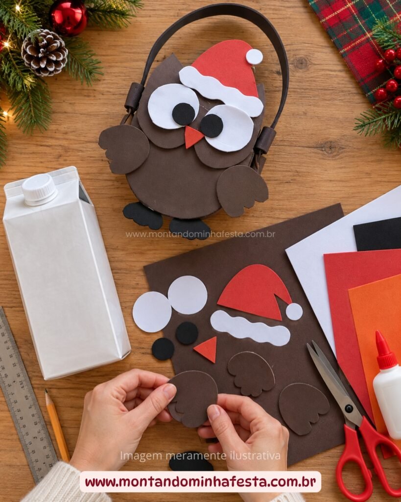 Materiais para fazer uma sacolinha coruja de Natal com caixa de leite e EVA