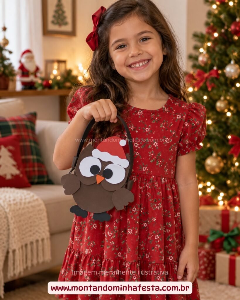 Criança segurando uma sacolinha coruja de Natal feita com caixa de leite e EVA