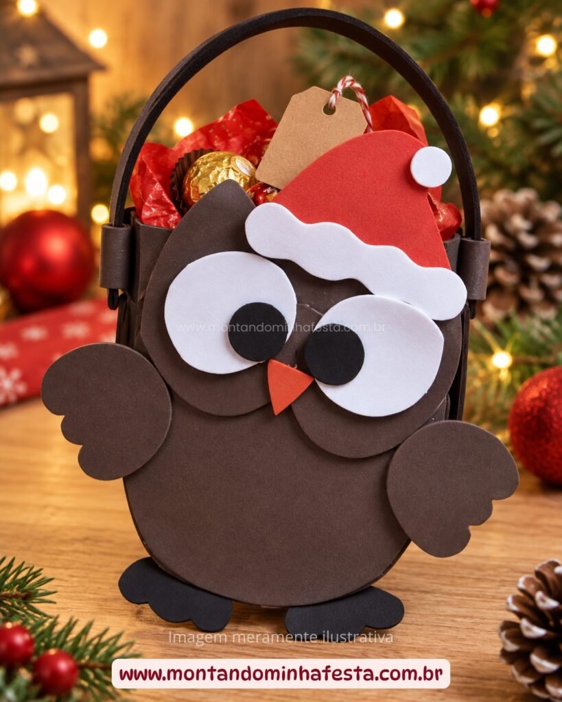 Sacolinha coruja de Natal com chocolates e pequenos presentes para lembrancinha