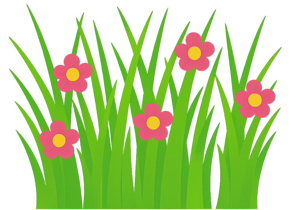 Graminha verde com flores rosa e fundo transparente, em estilo vetorial decorativo para uso em artes digitais e personalizados de festa.
