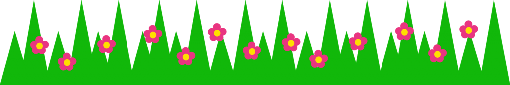Grama verde com flores rosa de centro amarelo em estilo vetorial, com fundo transparente, ideal para personalizados e artes digitais.