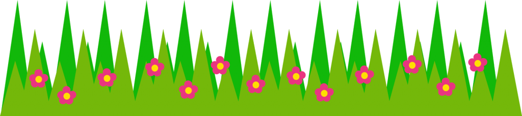 Grama vetorial verde com flores rosa e miolo amarelo, em estilo decorativo com fundo transparente, ideal para artes de festa e design criativo.