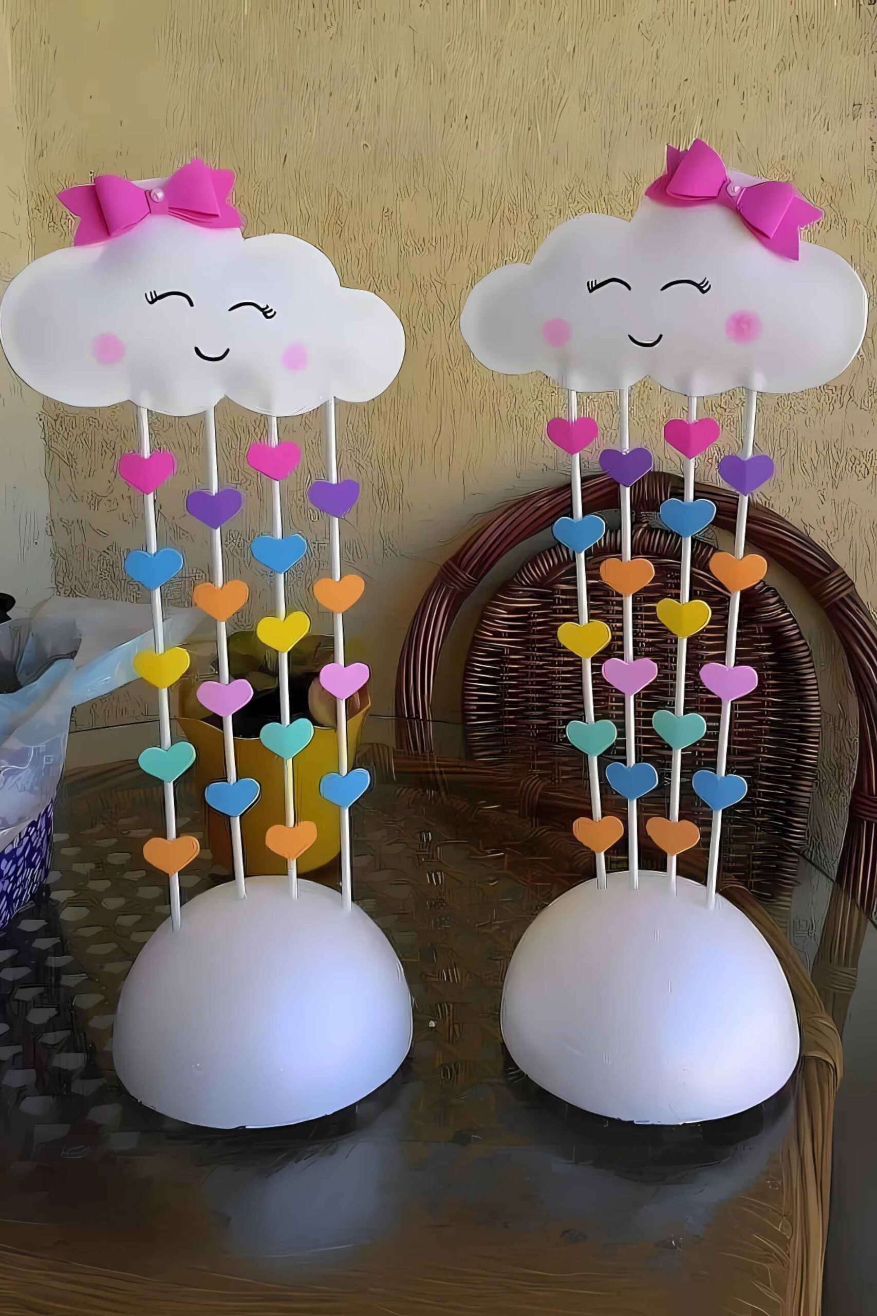 Centro de mesa infantil com nuvem em EVA, corações coloridos pendurados e base de isopor, perfeito para festas com o tema Chuva de Amor.