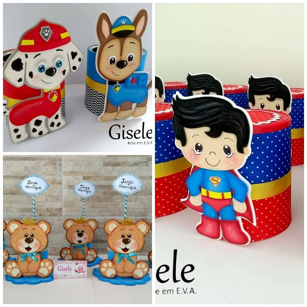Centros de mesa infantis em EVA com tema Super-Homem, Patrulha Canina e ursinho príncipe, personalizados para festas de aniversário.