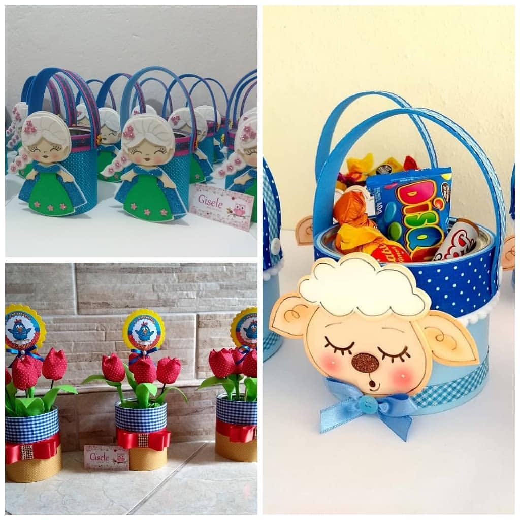Lembrancinhas e centros de mesa em EVA com cestinhas decoradas de ovelhinha, boneca e vasos com tulipas vermelhas, para festa infantil.