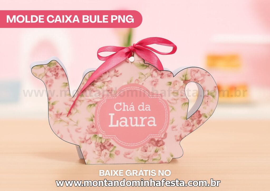 Molde caixa bule de chá em PNG com fundo transparente, decorado com flores e laço rosa, ideal para lembrancinhas de chá de cozinha, chá de bebê ou festa casa de bonecas. Baixe grátis no blog Montando Minha Festa.