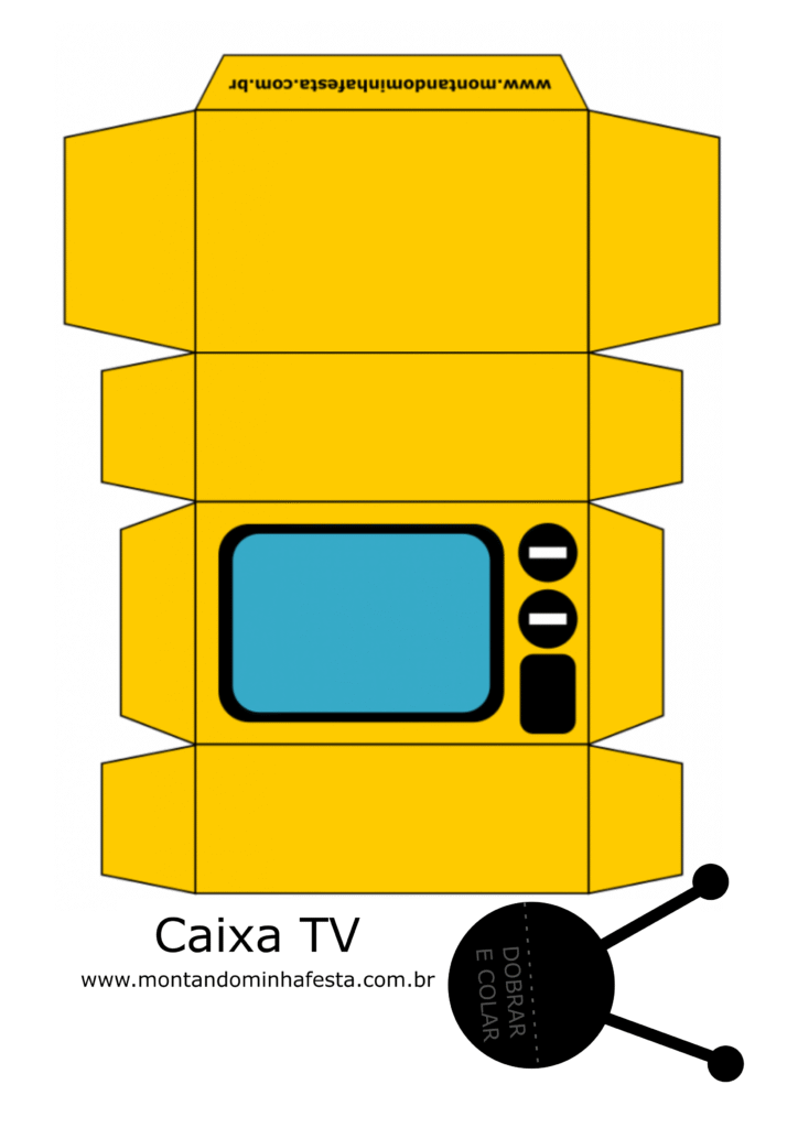 Molde de caixa TV amarela para imprimir, com design retrô, antenas destacáveis e instruções de montagem – lembrancinha de festa disponível no site Montando Minha Festa.