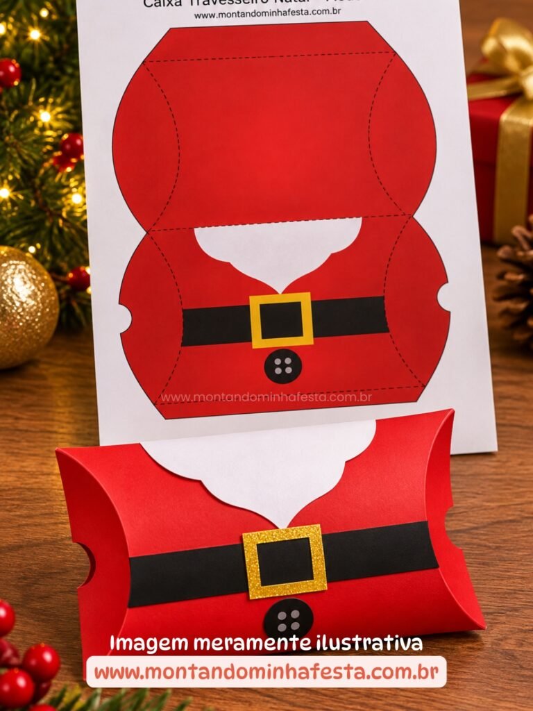 Caixa travesseiro de Natal com estampa de Papai Noel, impressa e montada, ao lado do molde para imprimir, em uma mesa com decoração natalina.
