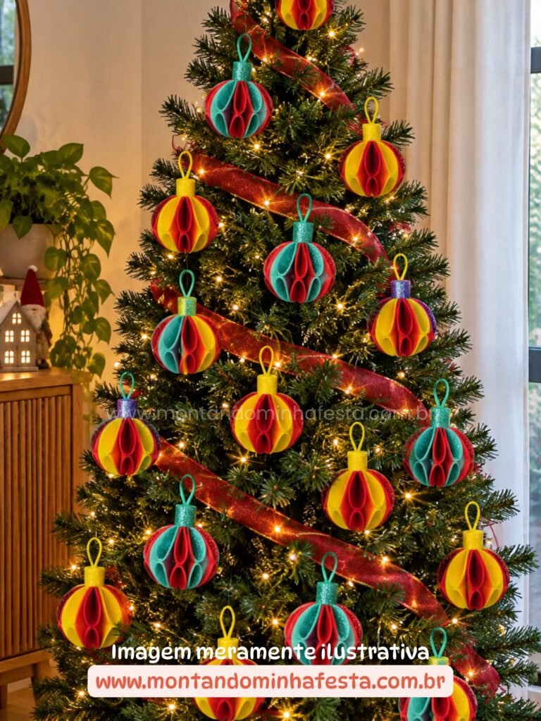 Árvore de Natal decorada com bolinhas artesanais de EVA coloridas, festão vermelho e luzes amarelas, em uma sala aconchegante.