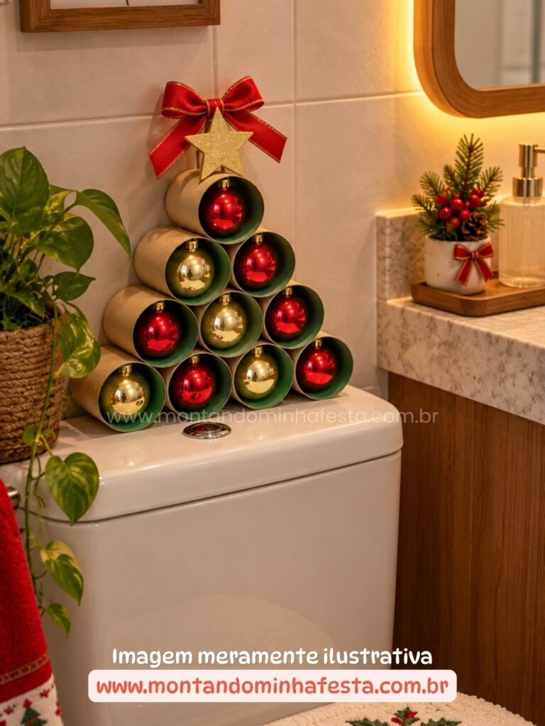 Árvore de Natal feita com rolos de papel higiênico reaproveitados e bolas vermelhas e douradas, apoiada sobre a caixa de descarga do vaso sanitário como decoração natalina para banheiro.