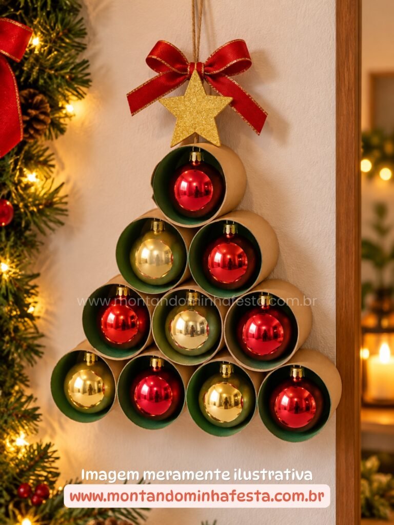 Árvore de Natal feita com rolos de papel higiênico reaproveitados, bolas vermelhas e douradas, estrela e laço no topo, pendurada na parede como decoração natalina artesanal.