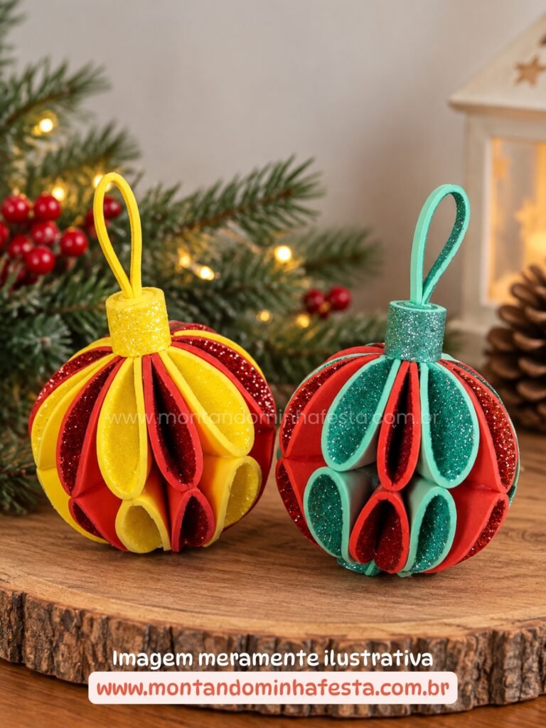 Duas bolas de Natal artesanais feitas com tiras de EVA colorido e glitter, nas cores vermelho, amarelo e verde, sobre uma base de madeira com decoração natalina ao fundo.