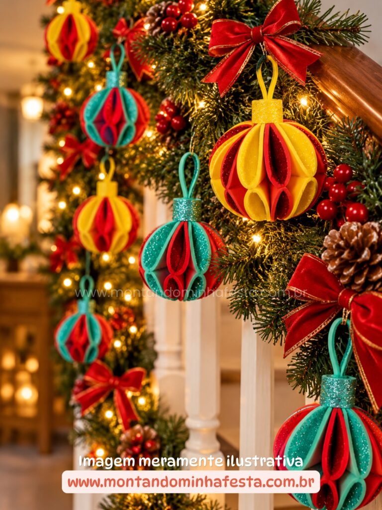 Cordão natalino decorando o corrimão da escada, com bolas de Natal artesanais feitas de EVA colorido, laços vermelhos, pinhas e luzes de LED