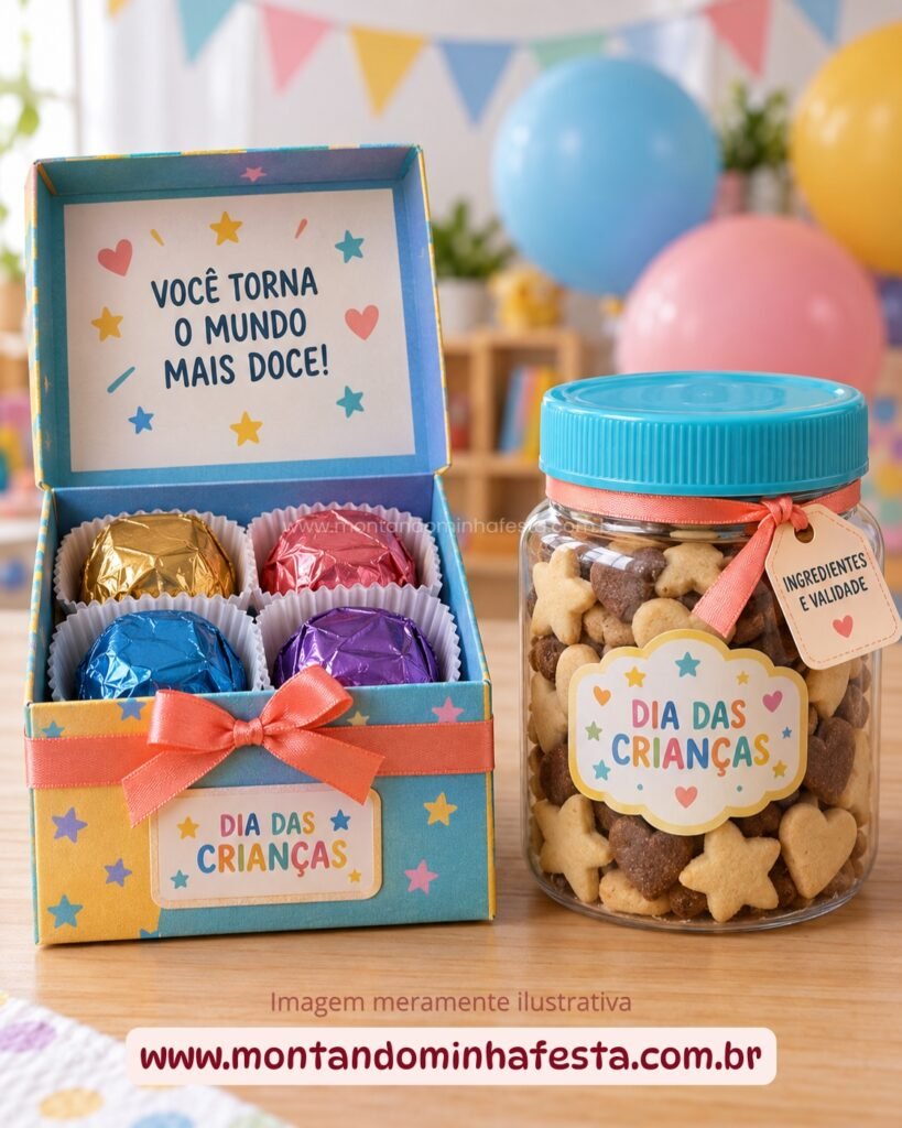 Caixa com mensagem e bombons e potinho com biscoitos para o Dia das Crianças.
