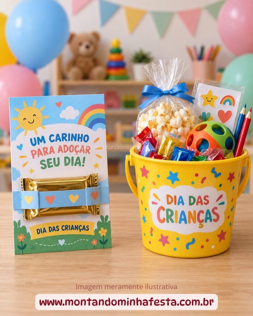 Cartão com chocolate e baldinho com guloseimas como lembrancinhas para o Dia das Crianças.
