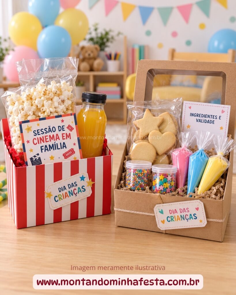 Kit cinema com pipoca e kit para decorar biscoitos como lembrancinhas para o Dia das Crianças.