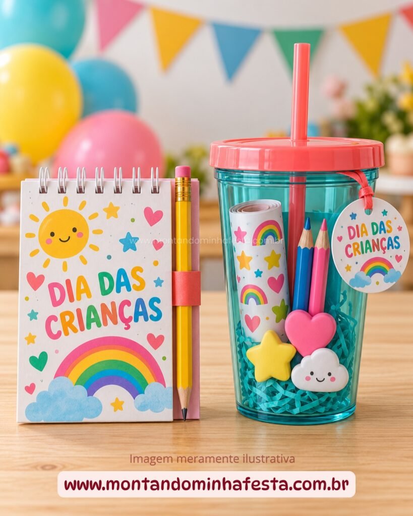 Bloquinho com lápis e copo reutilizável com adesivos e materiais de papelaria para o Dia das Crianças.